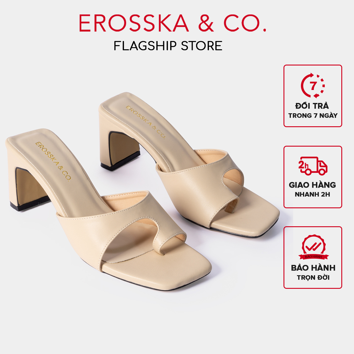 Dép cao gót Erosska thời trang mũi vuông kiểu dáng xỏ ngón cao 7cm màu trắng - EB027