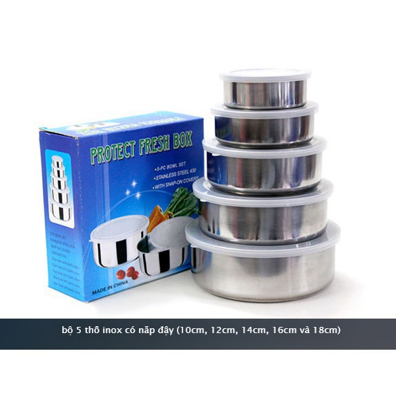 Bộ 5 thố inox có nắp đậy - bộ thố inox lạnh - bộ 5 hộp inox