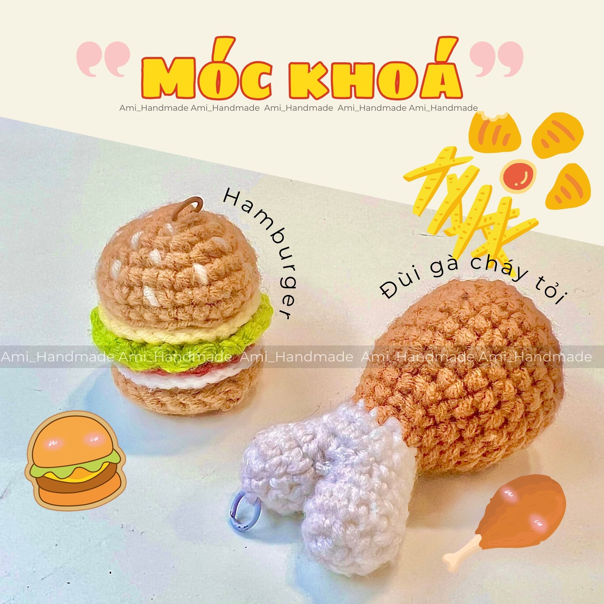 Móc khóa len Hamburger, Đùi gà cháy tỏi (Sản phẩm len handmade)