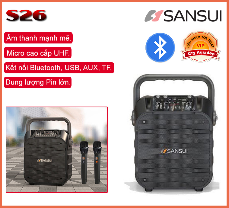 Loa và 2 micro karaoke bluetooth nhật bản sansui nhỏ gọn âm thanh lớn s16
