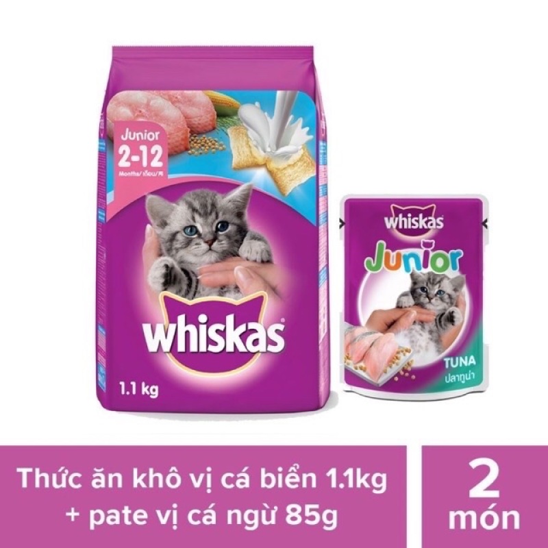 Bộ thức ăn dạng hạt dành cho mèo con Whiskas vị cá biển và sữa 1.1kg + Pate cho mèo con vị cá ngừ 85g