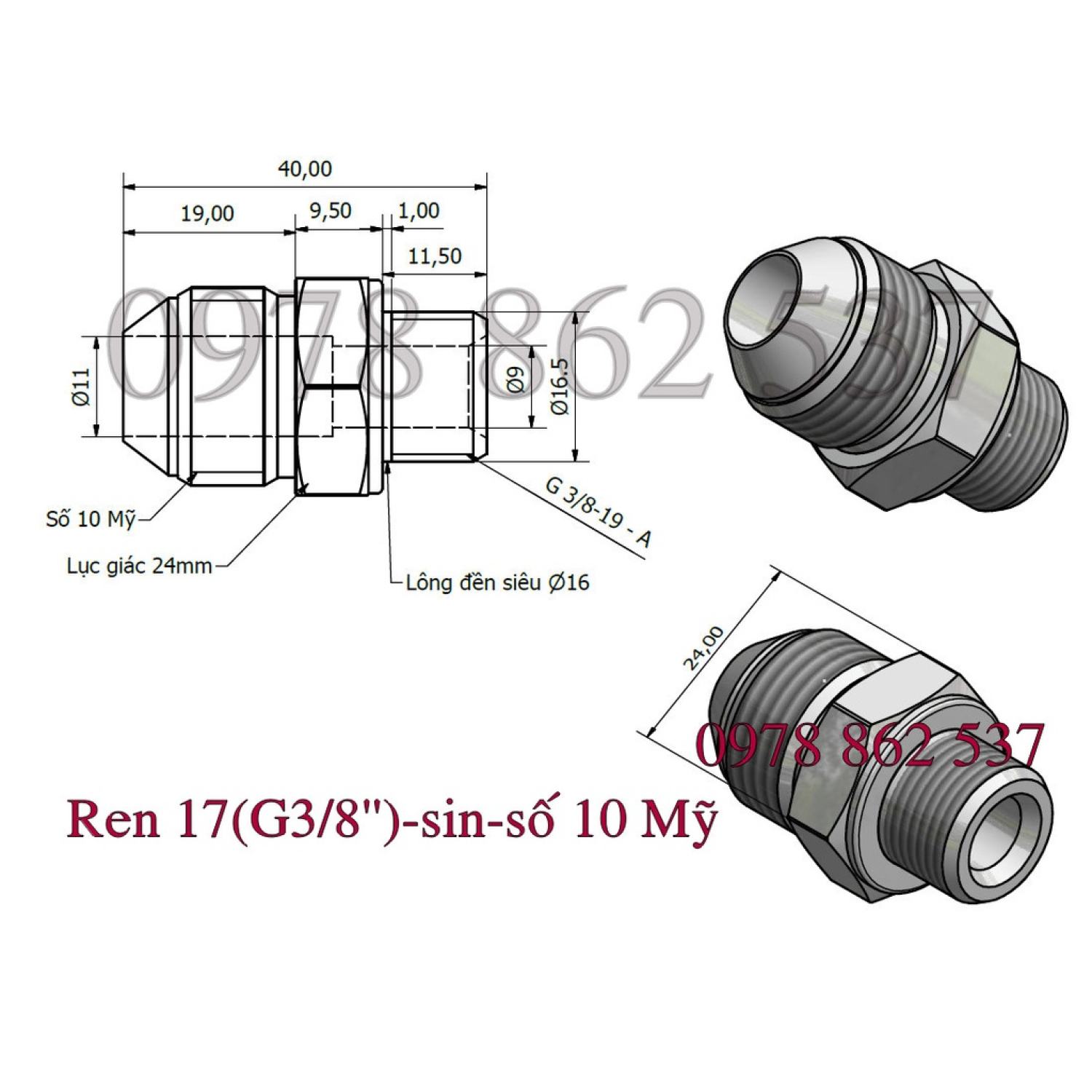 Rắc co thuỷ lực Ren 17 G3/8''-số 10 Mỹ