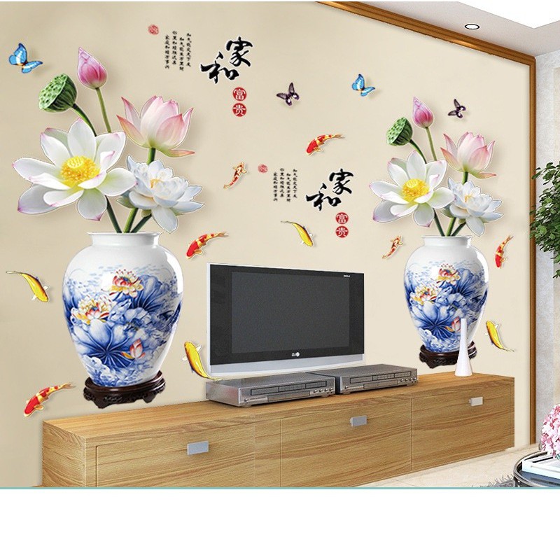 Decal dán tường tết đôi bình xanh hoa sen trắng