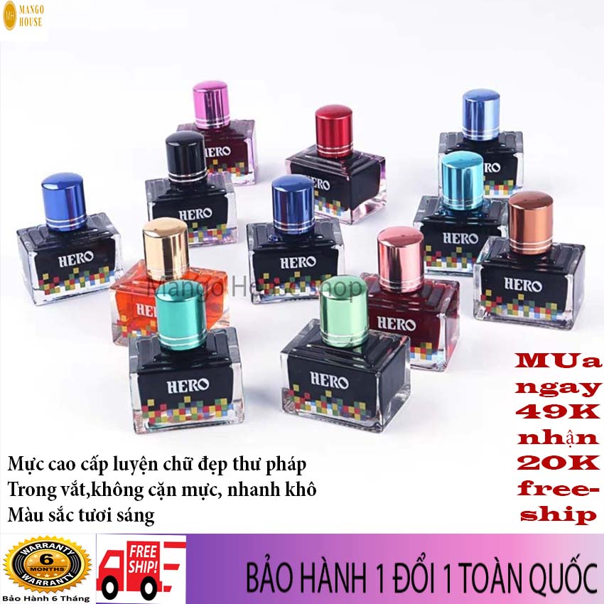 Mực viết máy HERO cao cấp- Mực viết chữ nghệ thuật 40 ml, khô nhanh, trong vắt không lắng cặn, màu sắc tươi sáng, phù hợp luyên chữ- Mango House- Mực viết máy, mực bút bơm, mực bút, bút mực, mực in, mực lọ,