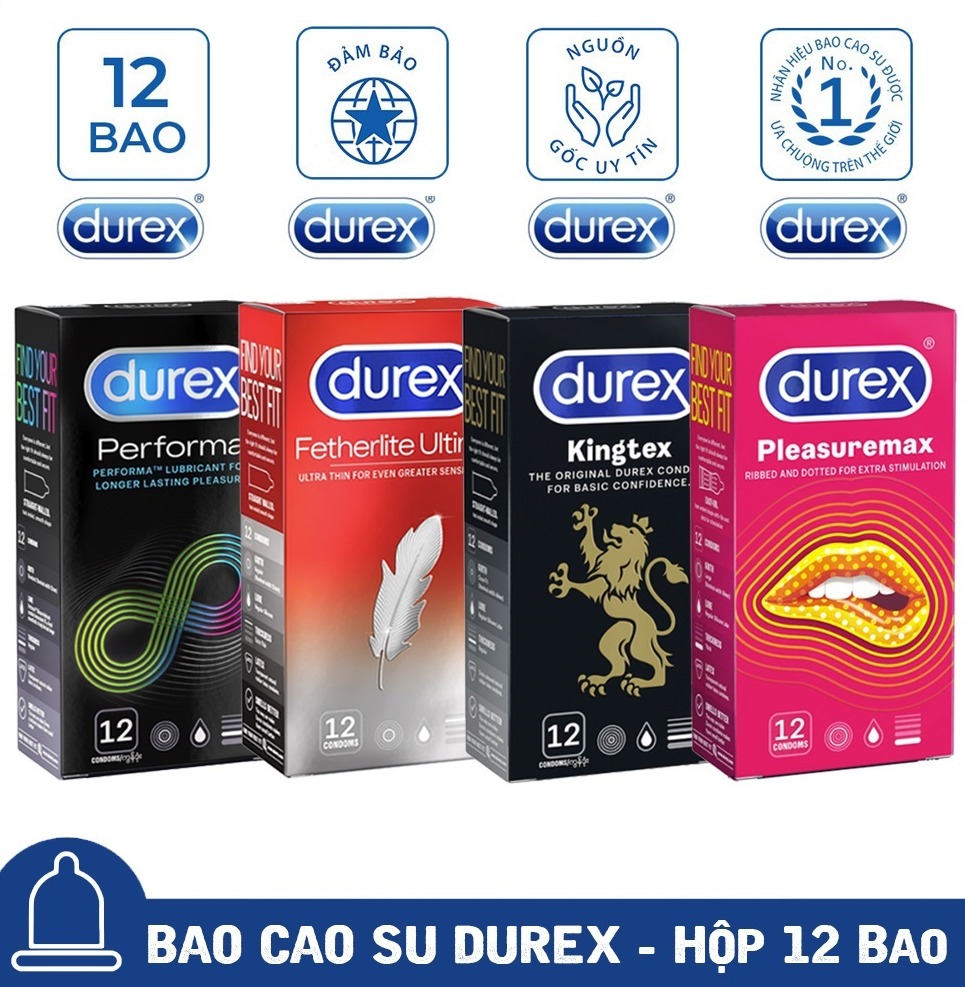 4 Hộp Bao cao su nam nữ Durex Performa kéo dài + Fetherlite Ultima siêu mỏng + Kingtex size cỡ nhỏ + Pleasuremax gân gai [Che tên SP 100%]