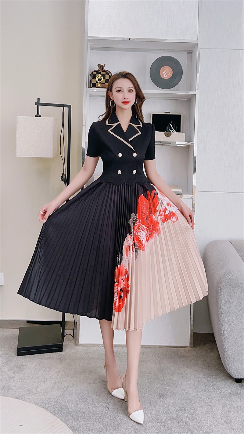 Hàng Nhập Đầm Nữ Phối Màu Dập Ly Cao Cấp