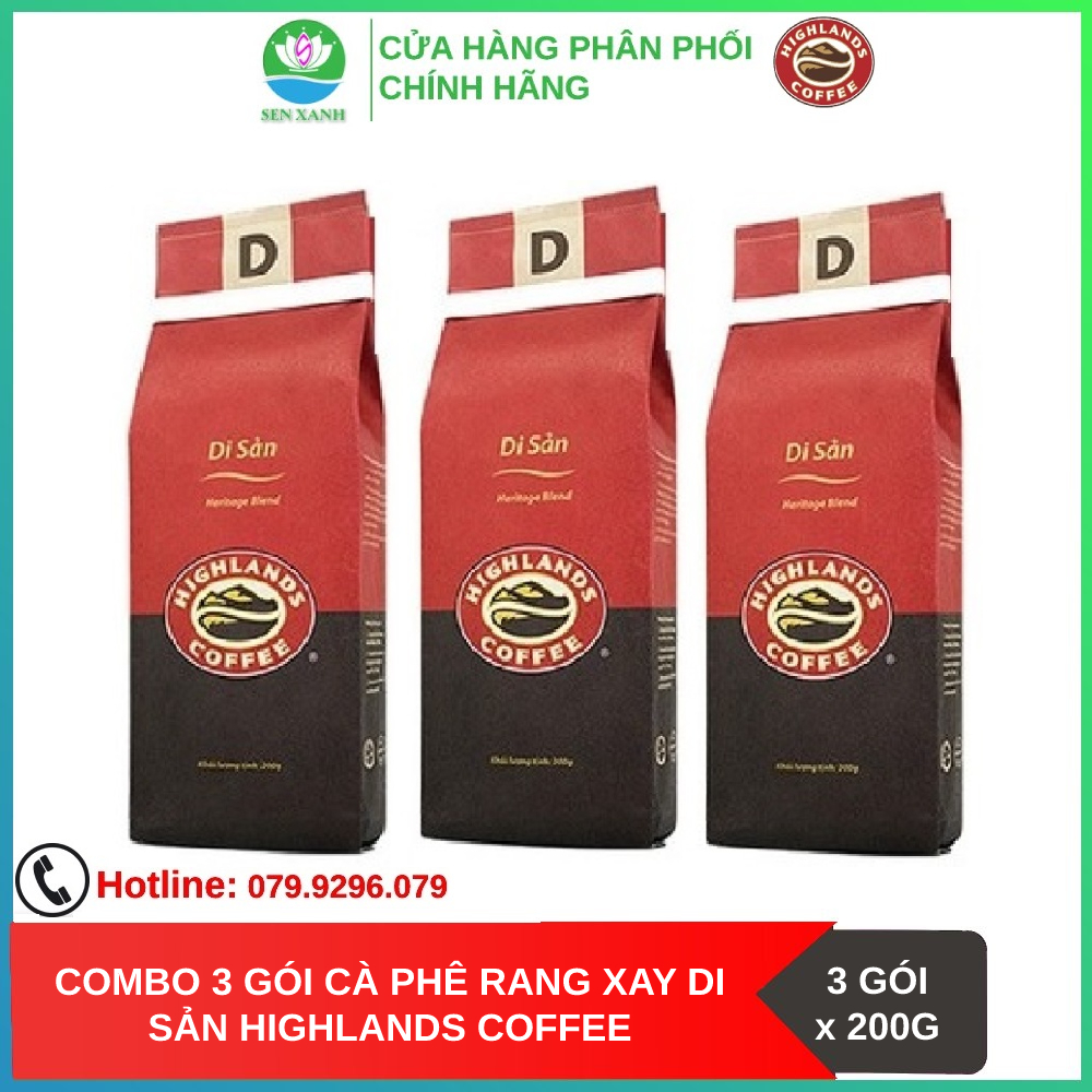 SenXanh CAFE Combo 3 gói Cà phê Rang xay Di sản Highlands Coffee 200g