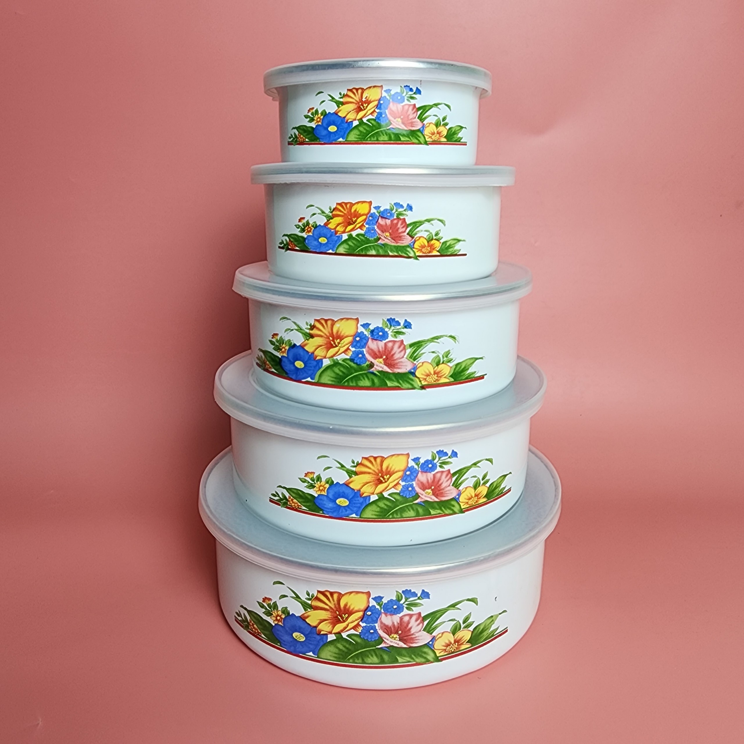 Bộ 5 bát thố thép tráng men sứ họa tiết hoa