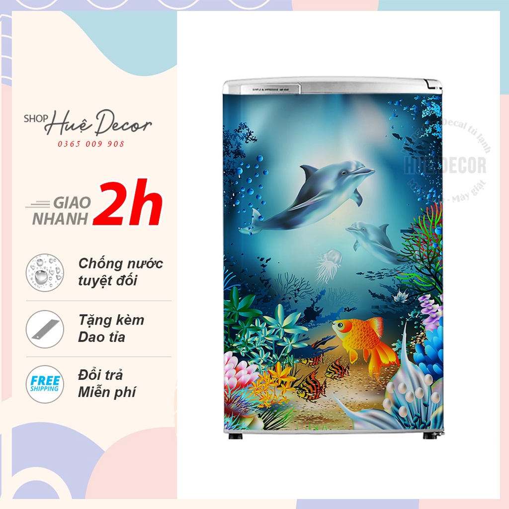 Decal dán tủ lạnh mini 3d cá heo đại dương