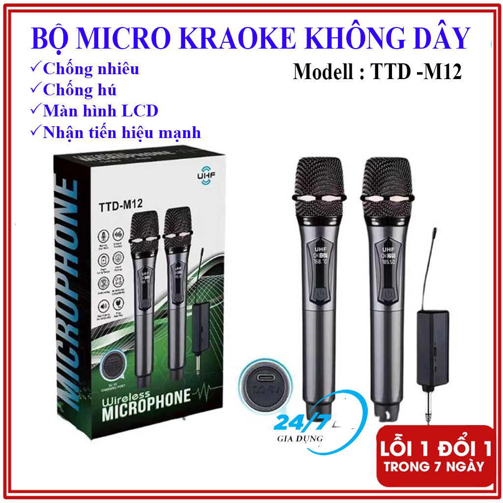 Bộ Micro Không Dây TTD-M12, Mic hát karaoke cao cấp, chống hú,hút âm cực tốt, chống nhiễu, màn hình LCD, Mic hát dùng cho loa kéo âm li, Bộ micro không dây dùng cho amply, loa kéo, mixer, micro không dây hát karaoke, Bảo Hành 12 tháng