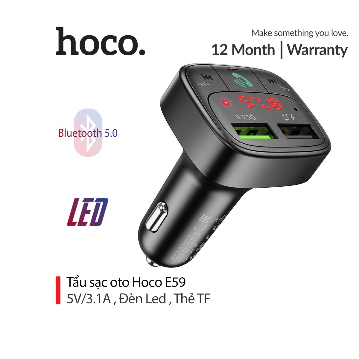 Tẩu sạc Bluetooth V5.0 Hoco E59  2 cổng USB khe cắm thẻ TF dành cho xe hơi