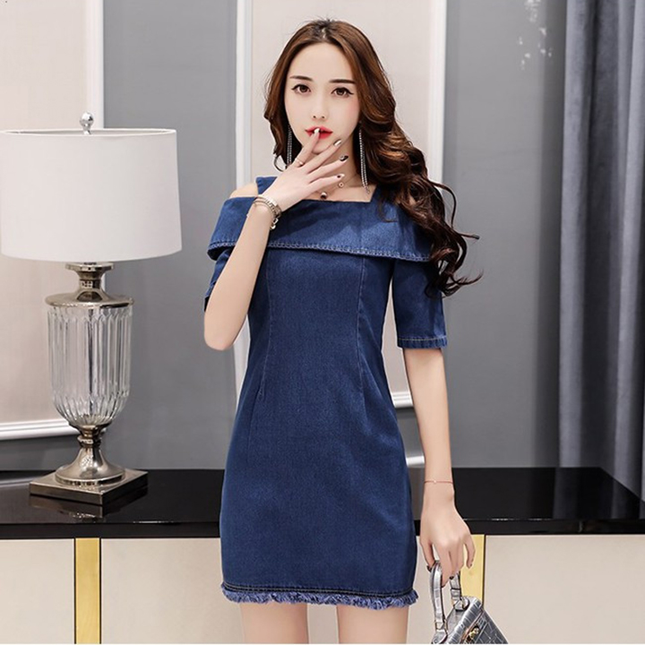 Đầm Jean Nữ Lai Tua Rua Trễ Vai