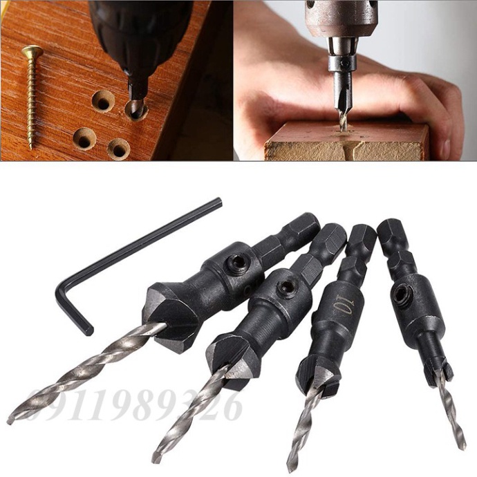 Bộ 4 mũi khoan âm vít gỗ - Mũi khoan 2 tầng - Mũi khoan gỗ chuôi lục