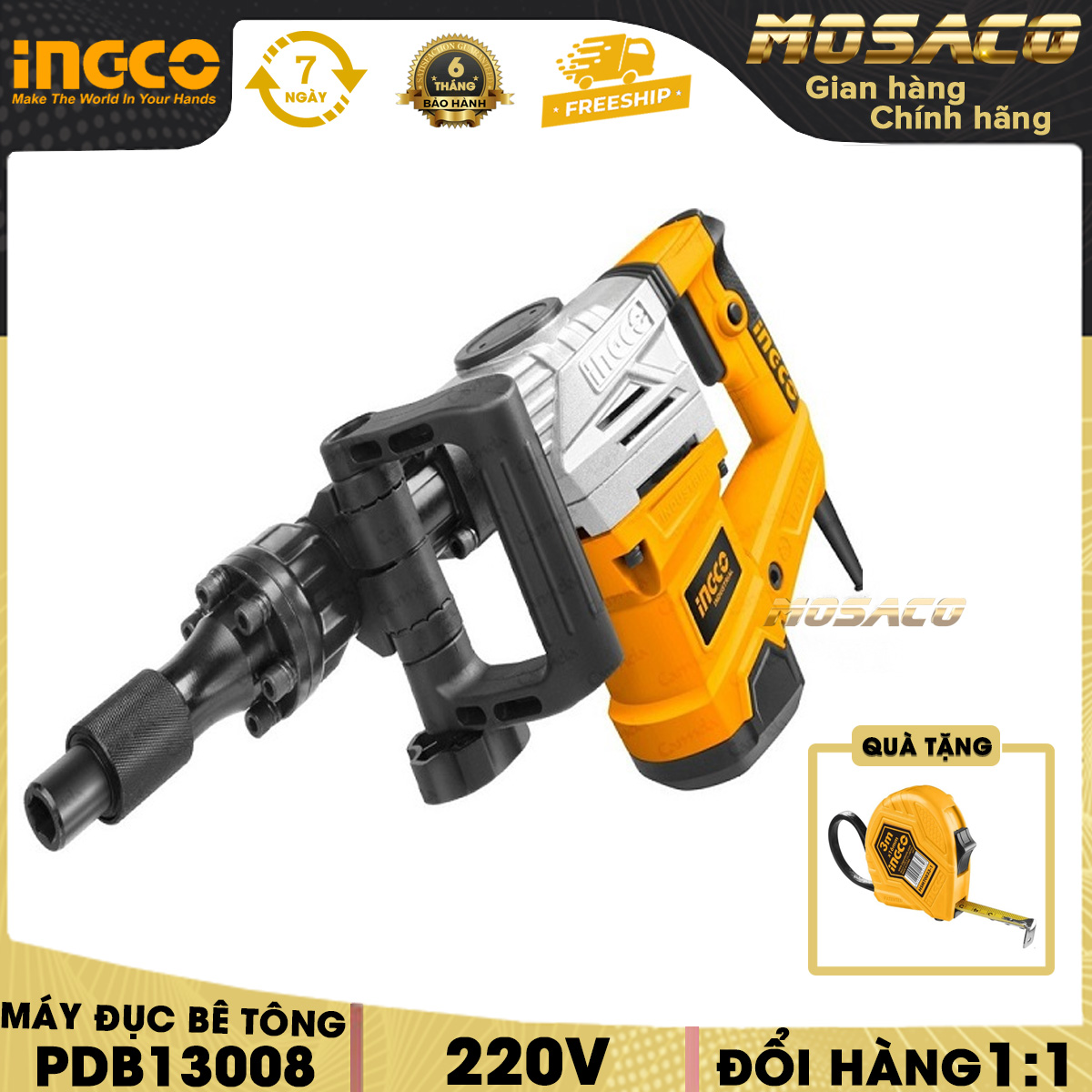 Punching machine concrete PDB13008 1300W. Punching machine concrete portable voltage 220-240V speed beating 3800bmp force beating 20J have anti-vibration, hexagonal head attached 2 tip chisel 17mm convenient easy to use long-life warranty 6 month-mosaco
