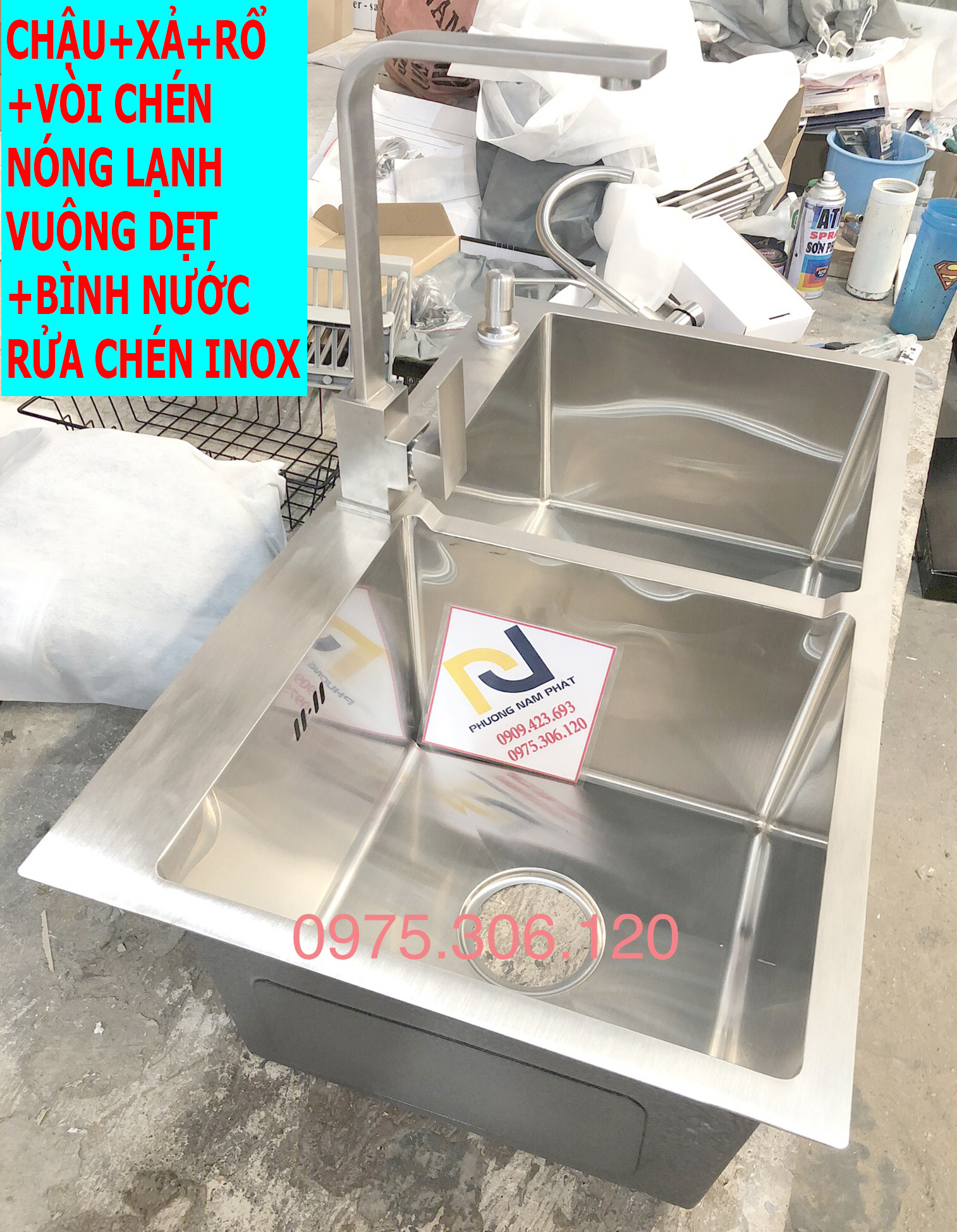 Combo chậu rửa chén bát inox 304 n5 8245 na.grand và xả chậu thoát nước rổ rút đa năng và vòi rửa chén nóng lạnh vuông dẹt và bình đựng rửa chén inox