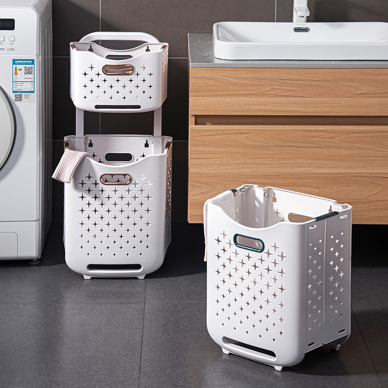 Giỏ đựng quần áo đa năng có bánh xe có thể gắn tường - Kệ nhựa 2 tầng đựng đồ thiết kế thông minh gấp gọn