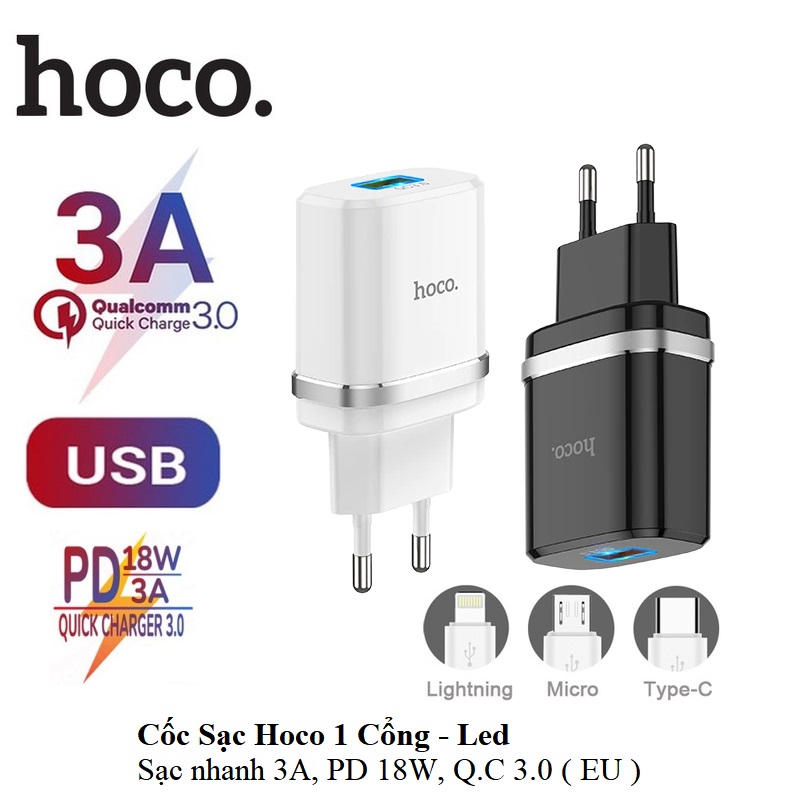 Củ Sạc Nhanh 3A HOCO C12Q DÒNG QC3.0/18W SẠC FULL IPHONE, IPAD, ANDROID