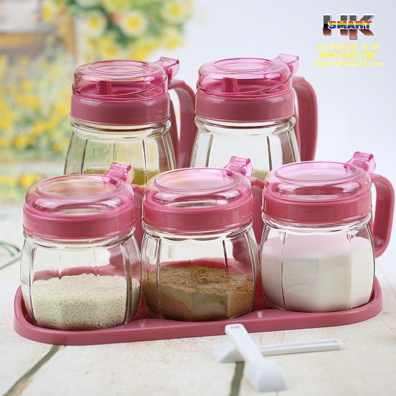 [Hủ Gia Vị Kèm Muỗng] ComBo 5 Hủ Đựng Gia Vị Thủy Tinh. Set Bộ 5 Hủ Gồm 2 Bình Rót Và 3 Hũ Đựng Chất Lỏng. Hủ gia vị có muỗng