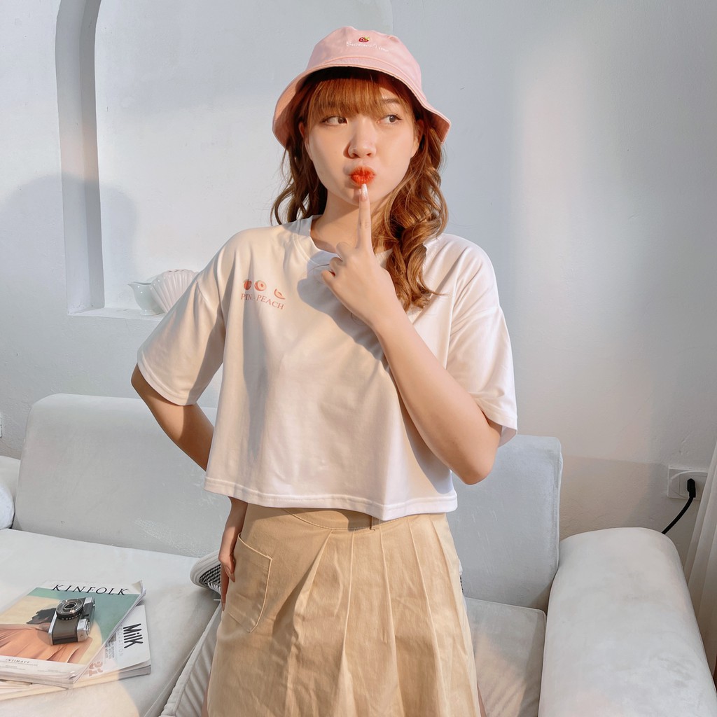 [FREESHIP] Áo Thun Crotop Form Rộng In Hình Hoa Quả Pink-Peach Kiểu Hàn Quốc TTT0006