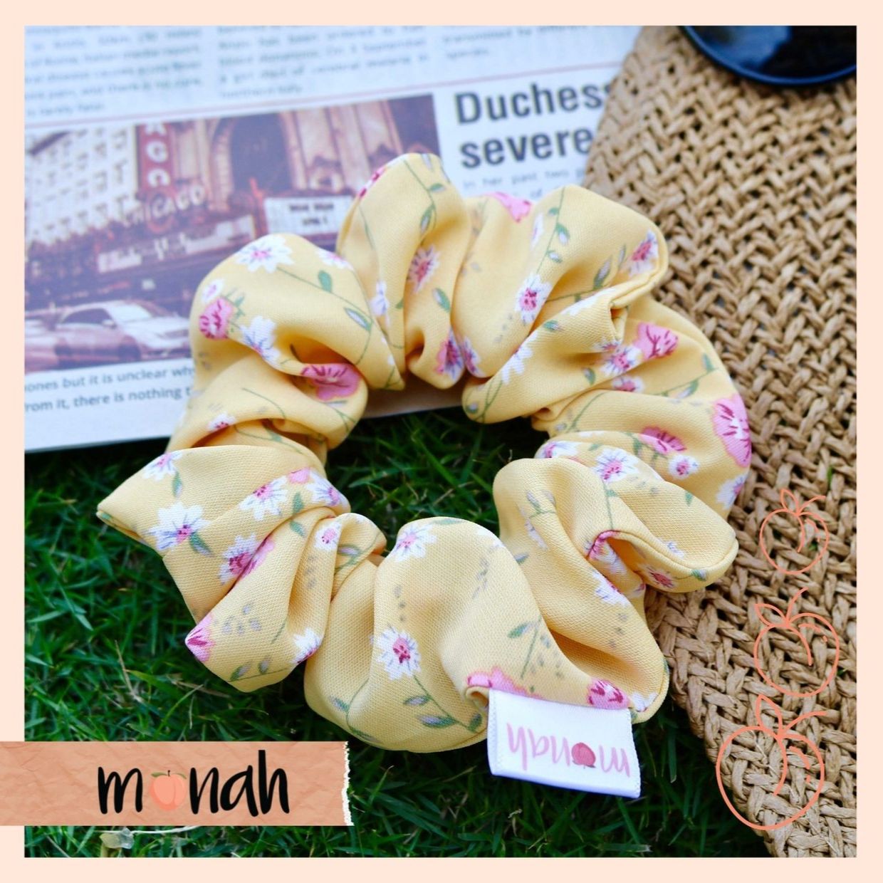 [HCM]Dây buộc tóc cột tóc scrunchie lụa vàng họa tiết xinh xắn trẻ trung
