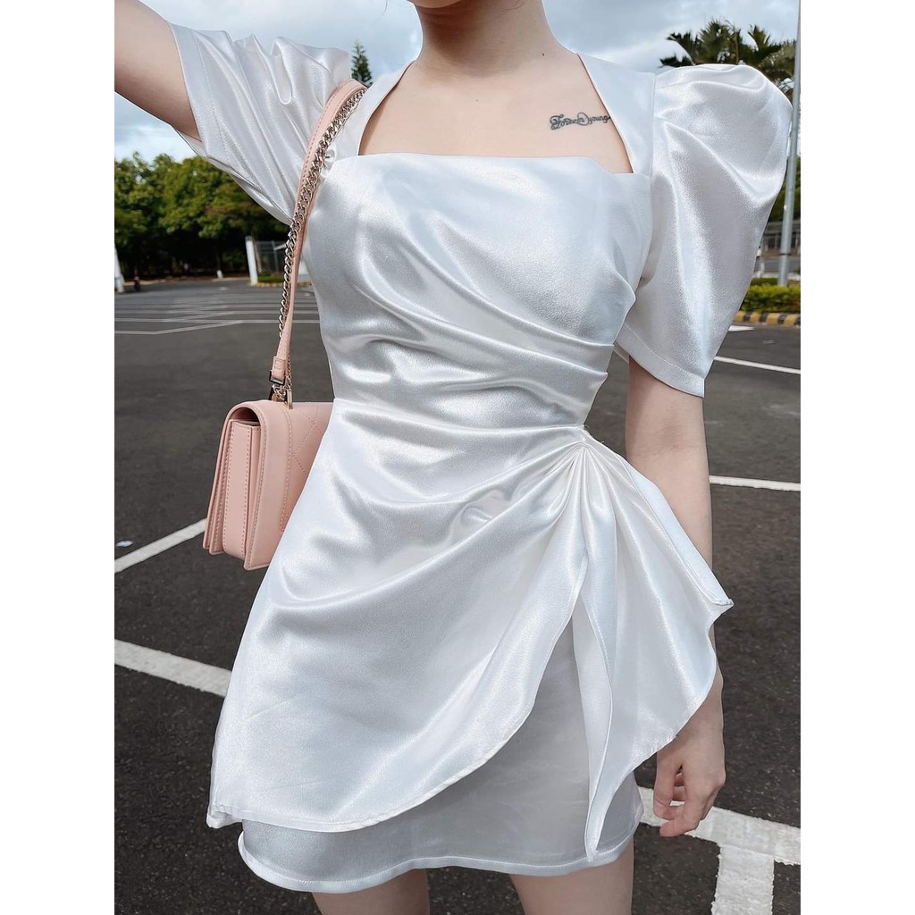 [HCM]Đầm Dạo Phố Dự Tiệc Cổ Vuông Tay Bồng Xếp Ly Nơ Eo Siêu Sang Chảnh Celon Dress