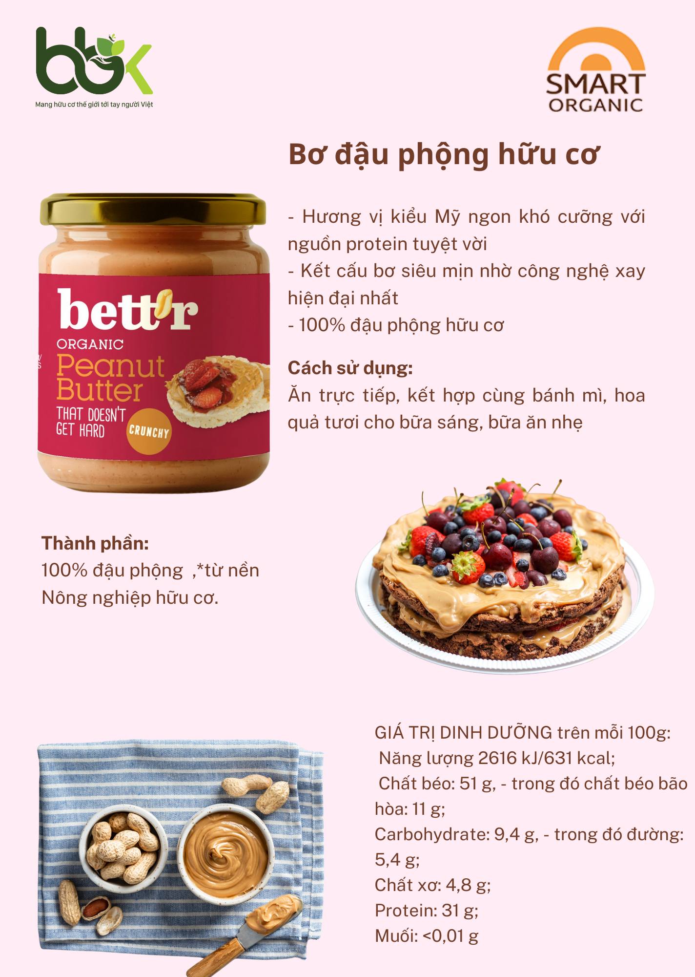 Bơ đậu phộng hữu cơ Bett'r organic peanut Butter spread 250g