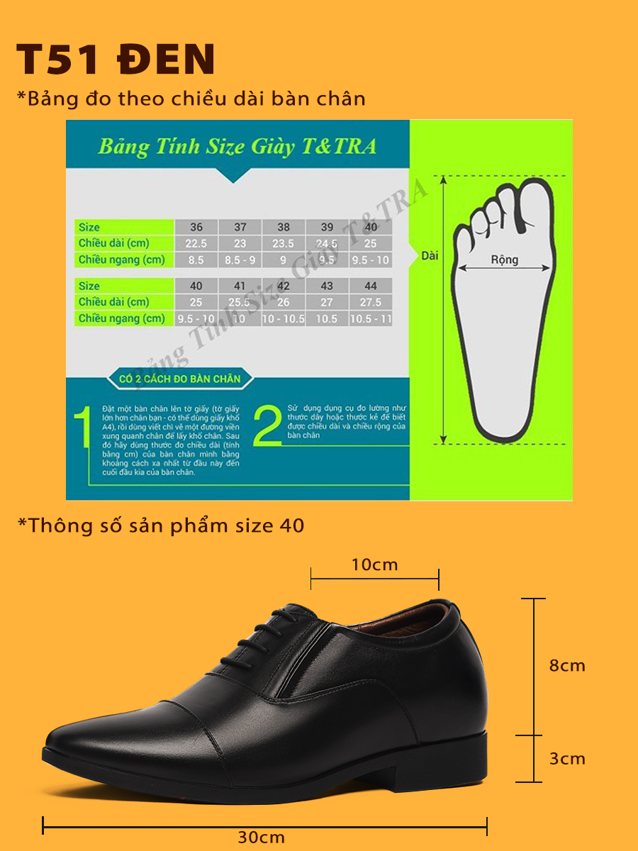 [6CM] Giày Tăng Chiều Cao Nam T&Tra T51 Đen - Cao Bí Mật Từ Bên Trong