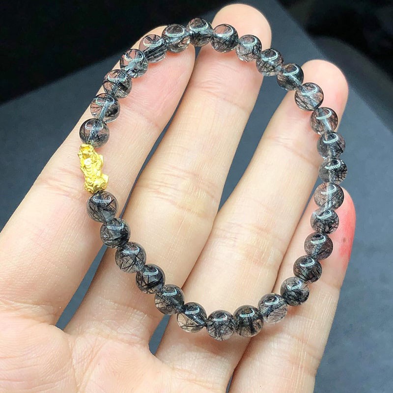Vòng tay đá. Thach Anh Tóc Đen Mix Tỳ Hưu Vàng