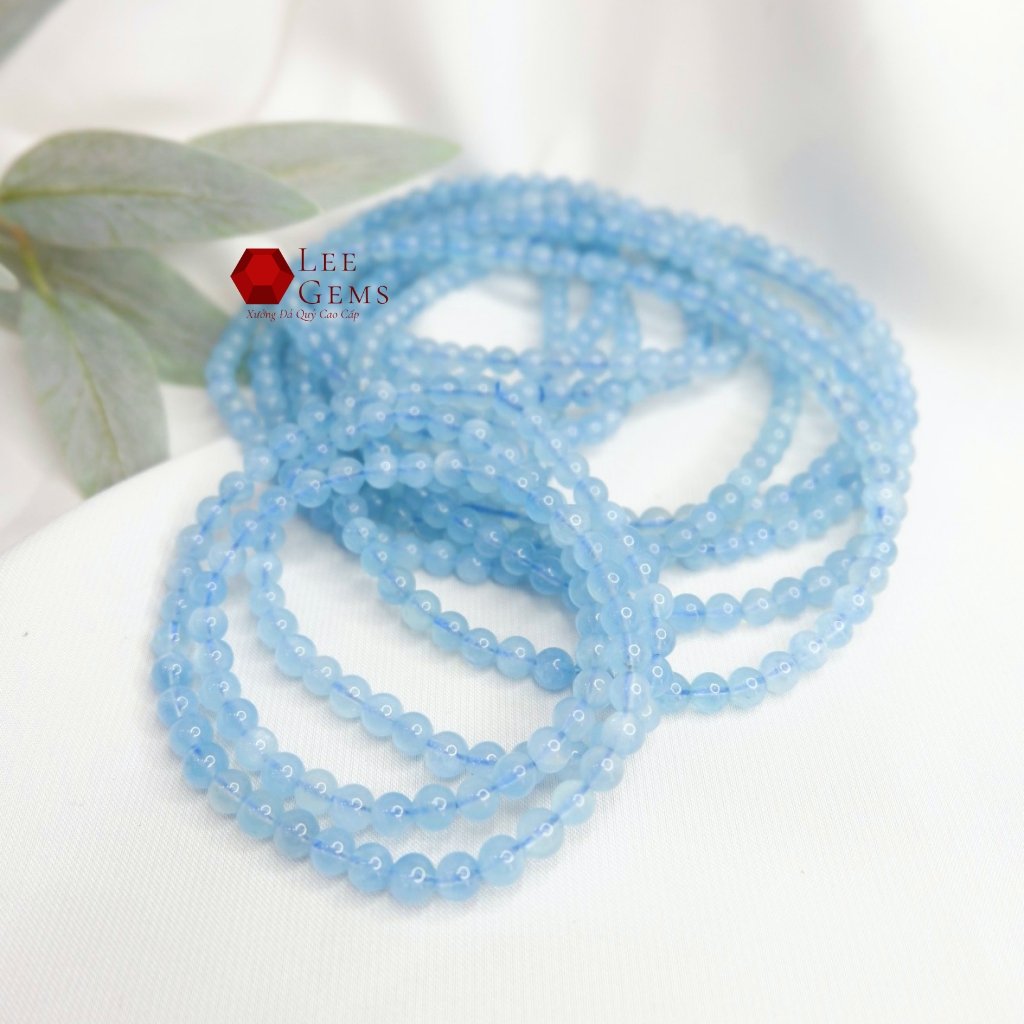 Chain round beads stone natural aquamarine for Women par waterproof-rustic