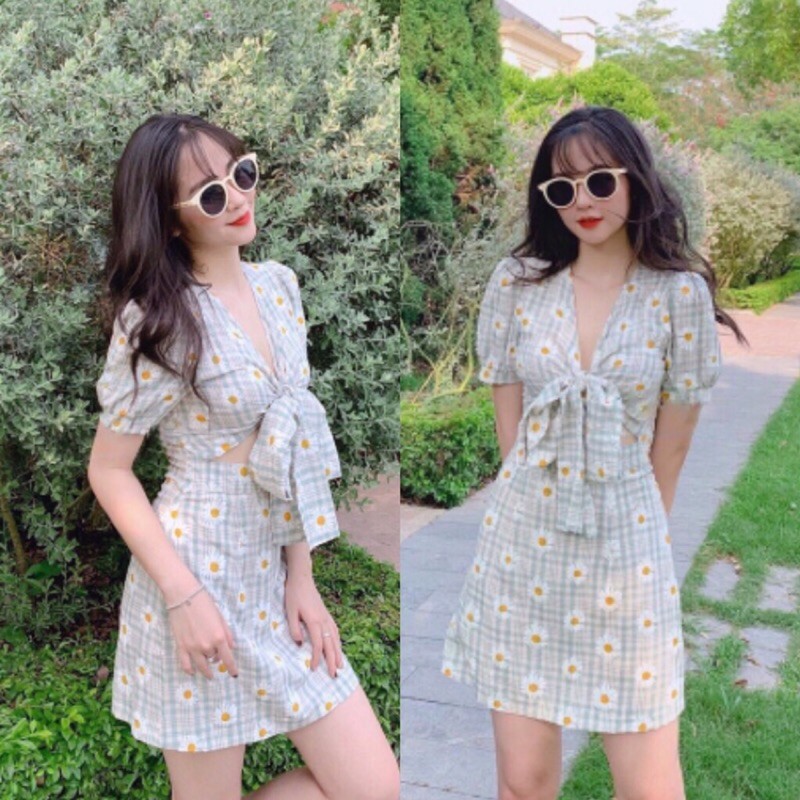 Đầm váy hoa cúc cột nơ dễ thương có size có ảnh thật