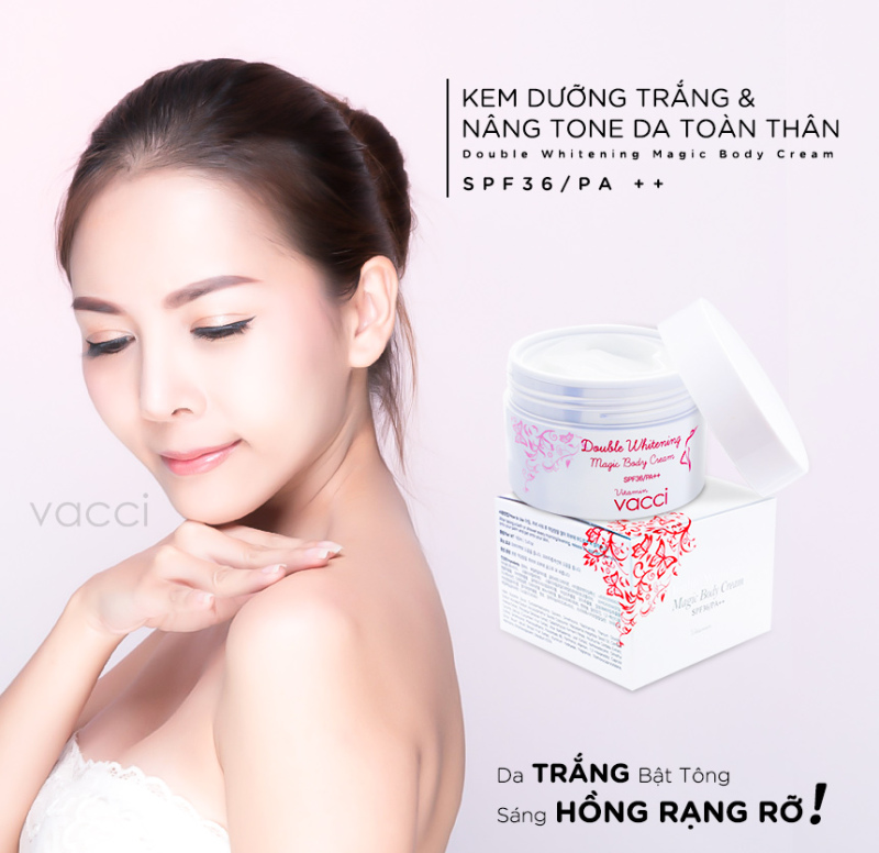 Kem dưỡng trang điểm trắng da toàn thân SPF 36 PA++ Vacci Double Whitening Magic Body Cream