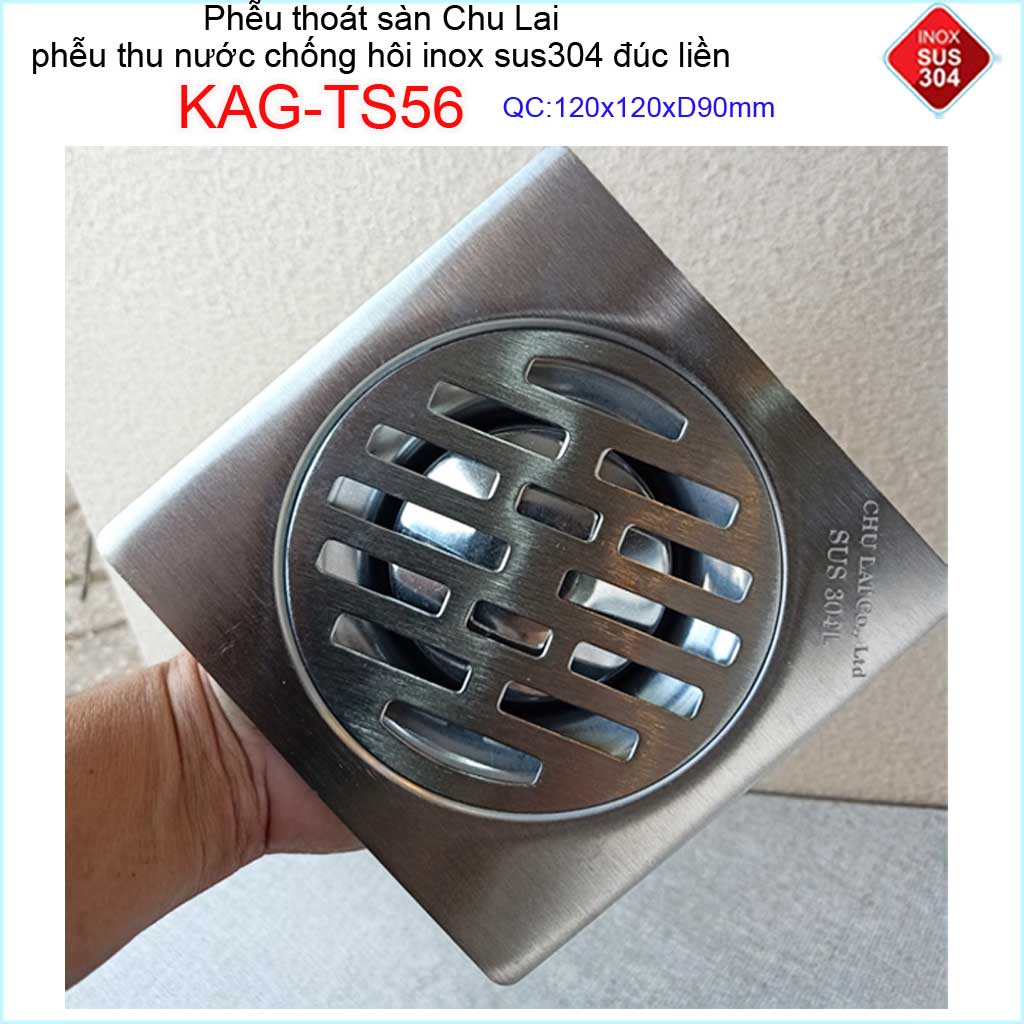 Phễu thoát sàn Chu Lai 12x12cm KAG-TS56-D90, hố ga Thoát sàn chống hôi ống 9cm SUS304 inox đúc dày thoát nhanh chặn tóc tốt