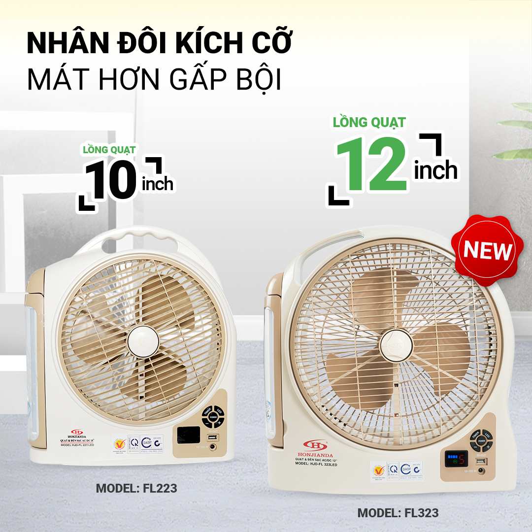 Quạt sạc tích điện dạng hộp AC&DC 12 inch Honjianda FL323/FL313 1-2 bình - có đèn LED & USB