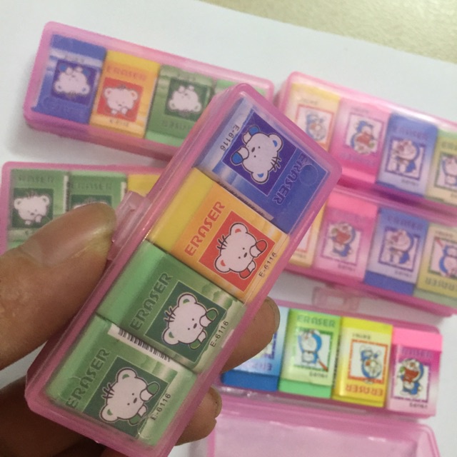 Hộp 4 tẩy bút chì hình gấu dễ thương dụng cụ học tập