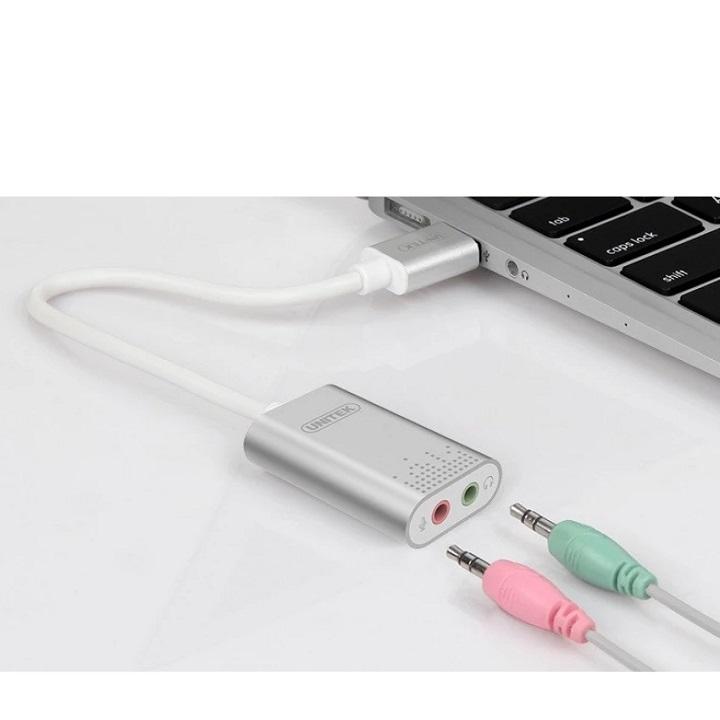 USB 2.0 Sound Unitek Y - 247 ra 2 cổng jack 3.5mm audio và mic (Trắng)