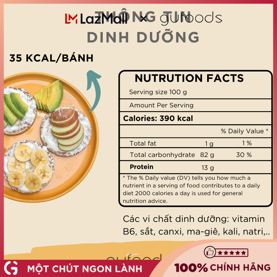 Bánh ăn kiêng, tập GYM gạo lứt vị Nguyên bản GUfoods - Không đường, Phù hợp Eat clean, Thực dưỡng