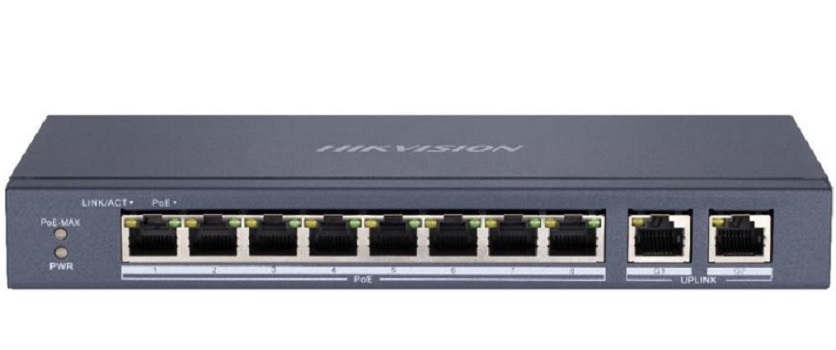DS-3E0310P-E/M Switch mạng 8  cổng PoE , 2 cổng uplink 10/100/1000 Mbps(Giảm 30k/cái cho khách mua 5 cái trở lên và 50k/cái cho khách mua 10 cái trở lên - Sản phẩm chính hãng HIKVISION Bảo hành 24 tháng