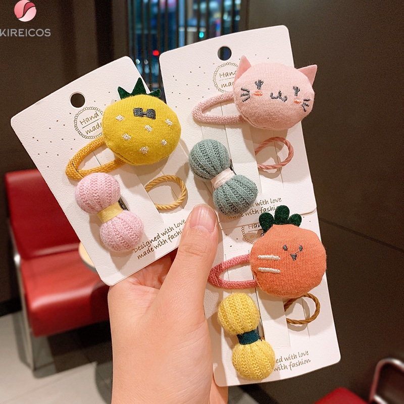 Set 2 Kẹp Tóc Cột Tóc Hình Thú Dễ Thường Và Nơ Len