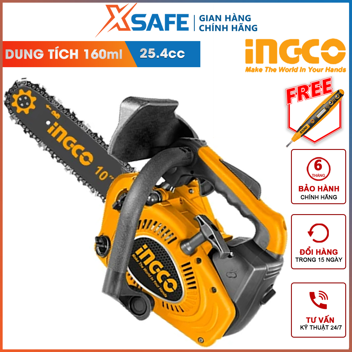 Machine chain saw Benzine ingco GCS5261011 | portable handheld saw 0.7kW , capacity for tractor 25.4cc, maximum cutting diameter 200mm cutting wood, pruning shears tree branch