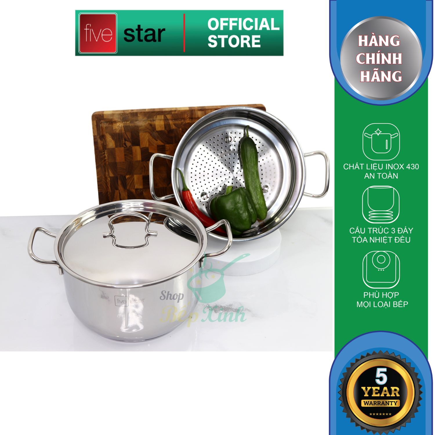 Bộ nồi xửng hấp bếp từ 3 đáy inox 430 Fivestar standard nắp inox tặng 5 muỗng ăn