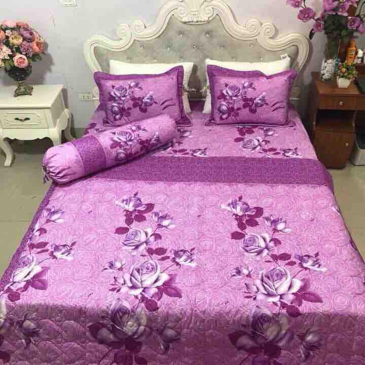 BỘ CHĂN GA GỐI COMBO 5 MÓN - HOA CÀNH TÍM