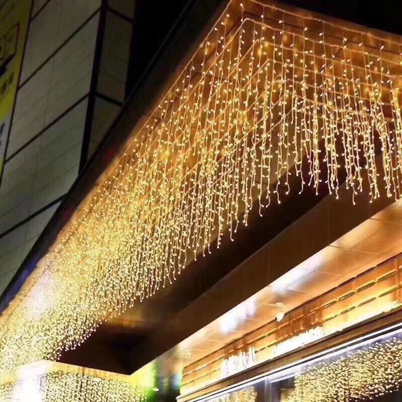 Đèn rèm mành mưa led rủ mành đèn led thả mành trang trí ngoài trời, dây đèn rèm mưa dài 8m thả 60cm sáng vàng có box & đầu nối