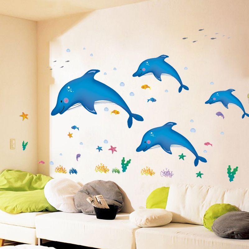 Decal dán tường đàn cá heo vui nhộn dán phòng tắm