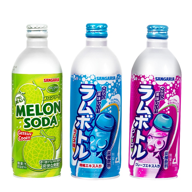 Thùng 24 chai Soda có ga Sangaria 500mL vị chanh, nho và dưa lưới 500g