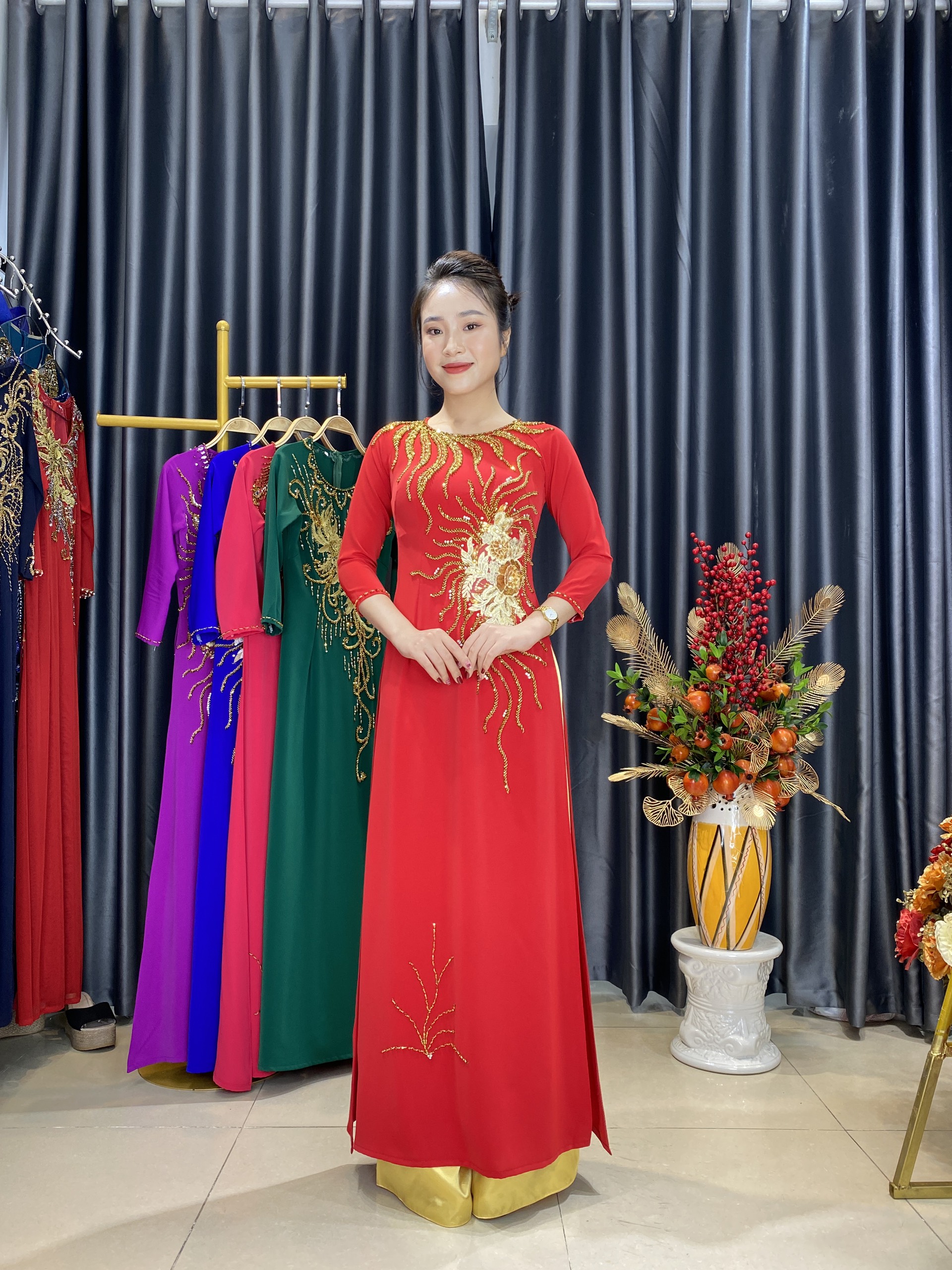 Áo dài, áo dài nữ kết đá thủ công lụa mỹ cao cấp MÃ D61