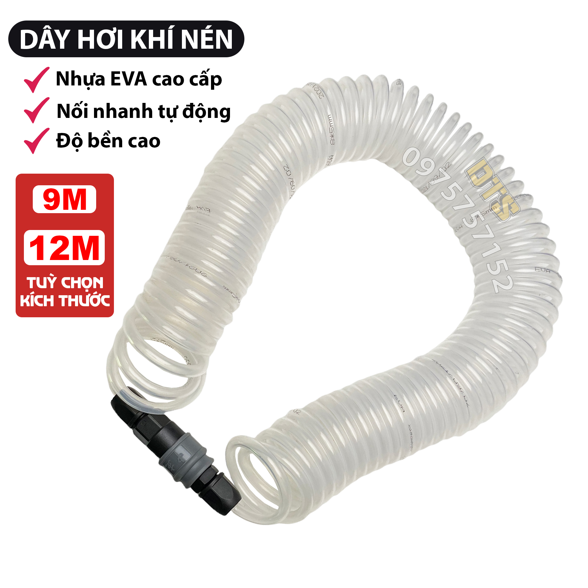 Bộ ống dây hơi xoắn khí nén nối nhanh tự động nhựa EVA Đài Loan 5x8mm đủ size 12m 9m, dây khí nén phi 8 áp lực cao, dây nén khí cao cấp, khớp nối nhanh SPPP, chịu áp lực suất cao, độ bền vượt trội, dây hơi khí nén, dây hơi PU