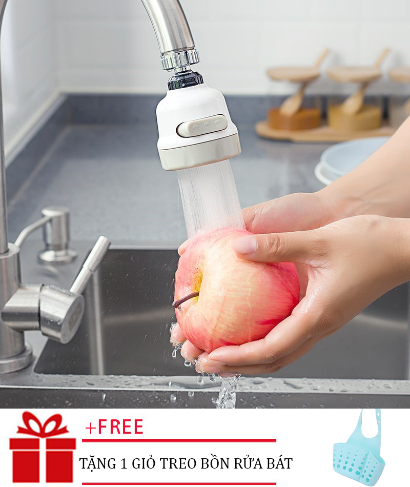 (Tặng Giỏ Đựng Giẻ Rửa Bát) Đầu vòi nước tăng áp điều hướng xoay 360 độ, 3 chế độ, dau voi tang ap,