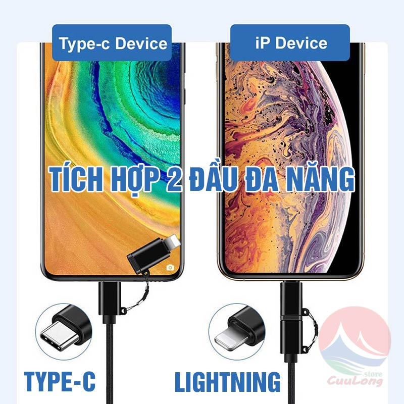 Cáp Sạc Nhanh PD Type-C Lightning Đa Năng 2 Trong 1 Bọc Dù Cao Cấp cáp usb-c android samsun xiaom iPhon XR XS 11 12 13 14 Pro Max CuuLongstore