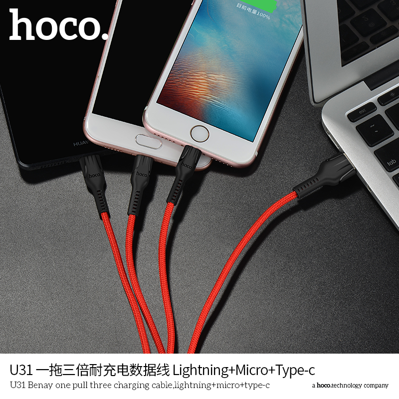 Cáp Hoco U31 (3 Đầu Lightning/Micro/Type-C) Bọc dù chống đứt sạc nhanh.