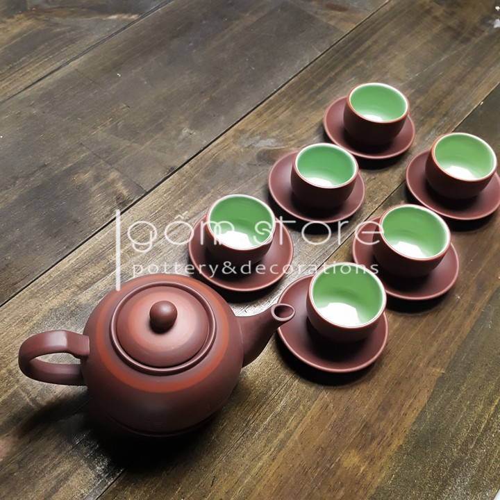Bộ ấm chén tử sa Bát Tràng dáng bưởi (Bộ ấm trà trên không kèm khay)